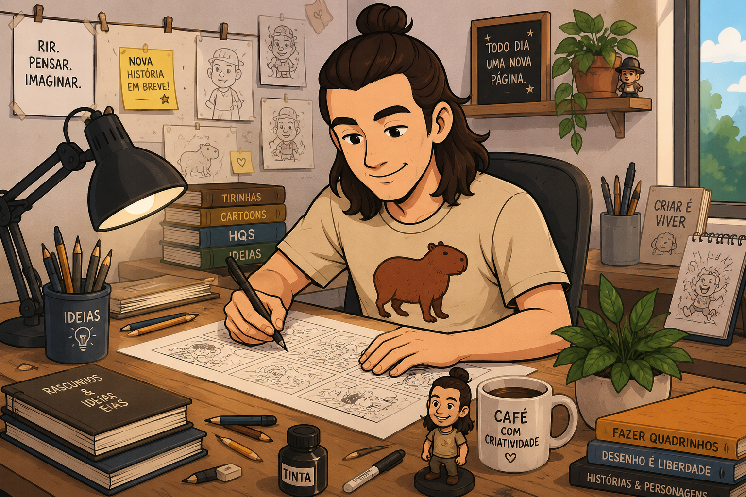 Cartoonista desenhando HQs